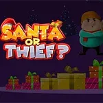 Un personaje disfrazado de Santa Claus con antifaz está junto a varios regalos, mientras dos figuras de dibujos animados observan desde el fondo junto a un texto que dice Santa or Thief?