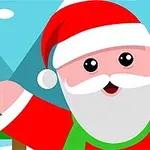 Dibujo de Santa Claus sonriente en un paisaje invernal con montañas y árboles
