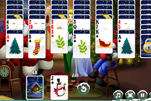 Cartas de naipes con motivos festivos y navideños organizadas en varias columnas sobre un fondo decorado con imágenes navideñas