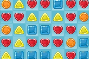 Patrón de piezas de caramelo de colores en forma de corazones rojos, triángulos amarillos, cuadrados azules y círculos naranjas sobre un fondo de cuadricula azul