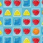 Patrón de piezas de caramelo de colores en forma de corazones rojos, triángulos amarillos, cuadrados azules y círculos naranjas sobre un fondo de cuadricula azul