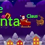 Santa Claus en su trineo tirado por un reno sobrevolando un pueblo nevado bajo un cielo estrellado
