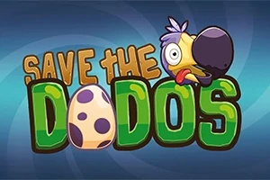 Dibujo de un dodo caricaturesco junto a un huevo moteado y letras coloridas sobre un fondo azul