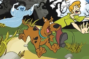 Un perro y un joven corriendo asustados por un fantasma en un paisaje oscuro y arbóreo