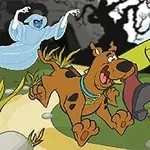 Un perro y un joven corriendo asustados por un fantasma en un paisaje oscuro y arbóreo