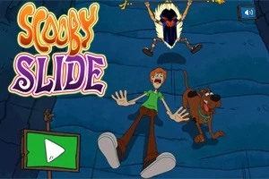 Personajes de caricatura asustados deslizándose por una cueva oscura con un monstruo persiguiéndolos desde arriba