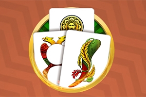 Cartas con diseños de símbolos coloridos, incluyendo un escudo y una figura serpenteante, sobre un fondo geométrico naranja