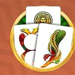 Cartas con diseños de símbolos coloridos, incluyendo un escudo y una figura serpenteante, sobre un fondo geométrico naranja