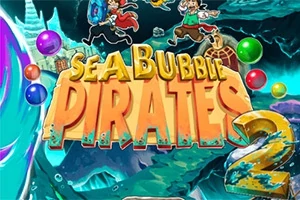 Título llamativo Sea Bubble Pirates 2 con burbujas de colores y piratas dibujados sobre un fondo de mar y cuevas