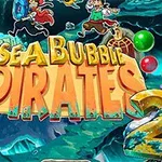 Título llamativo Sea Bubble Pirates 2 con burbujas de colores y piratas dibujados sobre un fondo de mar y cuevas
