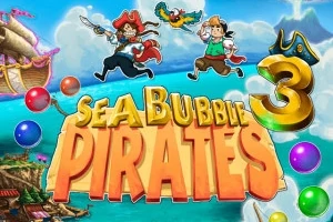 Dos piratas animados con un loro vuelan sobre el océano, rodeados de burbujas de colores y un barco pirata