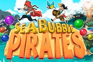 Dos piratas corren con burbujas de colores y un lorito volando sobre el título dorado Sea Bubble Pirates en un fondo marítimo