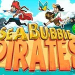 Dos piratas corren con burbujas de colores y un lorito volando sobre el título dorado Sea Bubble Pirates en un fondo marítimo