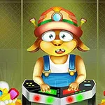 Un personaje caricaturesco con casco y overol frente a un panel de control, rodeado de gemas coloridas