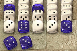 Dados blancos y azules dispuestos en filas sobre una superficie texturizada