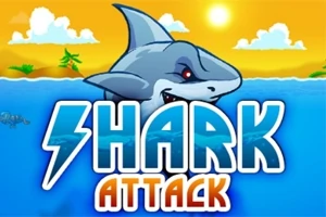 Un tiburón asomando en el agua bajo un cielo soleado con texto grande que dice SHARK ATTACK