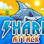 Un tiburón asomando en el agua bajo un cielo soleado con texto grande que dice SHARK ATTACK