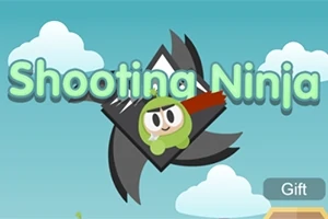 Un ninja caricaturesco con capucha verde y cinta roja se superpone a una gran estrella ninja negra sobre un fondo de cielo azul con nubes y el texto Shooting Ninja