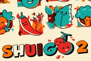 Dibujos coloridos de frutas y vegetales con caras sonrientes y texto SHUIGO 2