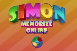 Texto colorido tridimensional que dice SIMON MEMORIZE ONLINE sobre un fondo anaranjado con una rueda de colores
