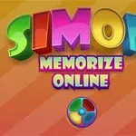 Texto colorido tridimensional que dice SIMON MEMORIZE ONLINE sobre un fondo anaranjado con una rueda de colores