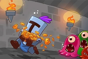 Un personaje con casco sostiene monedas mientras corre frente a monstruos coloridos en un pasillo iluminado por antorchas