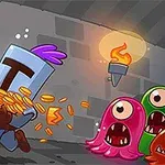 Un personaje con casco sostiene monedas mientras corre frente a monstruos coloridos en un pasillo iluminado por antorchas