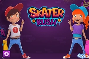 Dos personajes infantiles con patinetas y gorras posando sobre un fondo morado con un grafiti colorido que dice Skater Rush