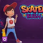 Dos personajes infantiles con patinetas y gorras posando sobre un fondo morado con un grafiti colorido que dice Skater Rush