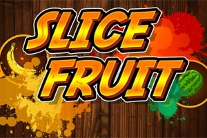 Texto Slice Fruit en letras amarillas sobre un fondo de salpicaduras de colores y textura de madera