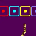 Cuadrados de colores brillantes alineados sobre un fondo morado con una curva de círculos amarillos abajo