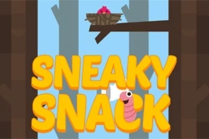 Texto amarillo SNEAKY SNACK con un gusano sonriente y un pequeño pájaro en un nido sobre una rama en un bosque