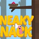 Texto amarillo SNEAKY SNACK con un gusano sonriente y un pequeño pájaro en un nido sobre una rama en un bosque