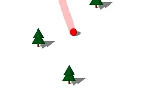 Dibujo de un círculo rojo con una sombra detrás y tres árboles verdes con sombras sobre un fondo blanco