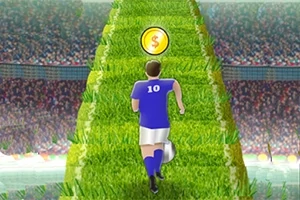 Un jugador de fútbol con camiseta azul y el número 10 corre por un camino de césped con monedas doradas en un estadio lleno de espectadores