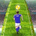 Un jugador de fútbol con camiseta azul y el número 10 corre por un camino de césped con monedas doradas en un estadio lleno de espectadores