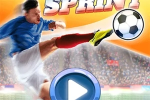 Futbolista en uniforme azul pateando un balón de fútbol con fondo de estadio y botón de reproducción en primer plano