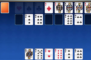 Cartas de juego distribuidas en columnas sobre un fondo azul en un juego de mesa digital