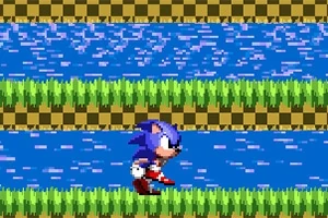 Un personaje azul corre sobre una plataforma de pasto con un fondo de agua y diseño cuadriculado marrón