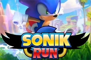 Personaje azul corriendo a gran velocidad en un paisaje colorido con un logotipo que dice Sonik Run
