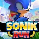 Personaje azul corriendo a gran velocidad en un paisaje colorido con un logotipo que dice Sonik Run