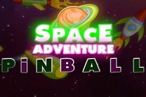 Texto brillante Space Adventure Pinball con cohetes y un planeta con anillos en el fondo espacial