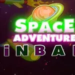 Texto brillante Space Adventure Pinball con cohetes y un planeta con anillos en el fondo espacial