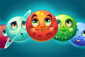 Planetas de caricatura con caras sonrientes y expresivas sobre un fondo azul