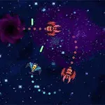 Naves espaciales disparando proyectiles en el espacio exterior con un agujero negro al fondo