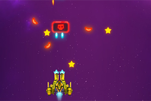 Nave espacial dorada disparando en un espacio púrpura con estrellas amarillas y símbolos rojos