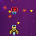 Nave espacial dorada disparando en un espacio púrpura con estrellas amarillas y símbolos rojos