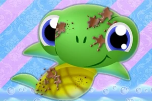 Tortuga caricaturesca con manchas de suciedad en un fondo de rayas diagonales azules y moradas