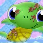 Tortuga caricaturesca con manchas de suciedad en un fondo de rayas diagonales azules y moradas