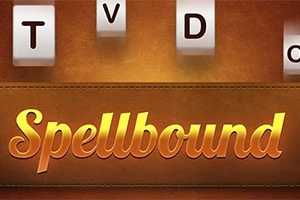 Letras en cubos flotando sobre un fondo marrón con la palabra Spellbound en el centro